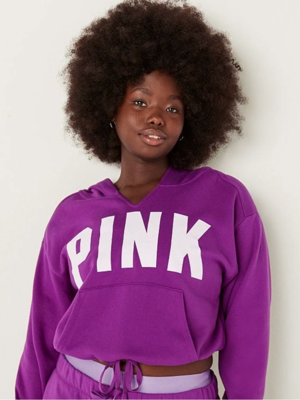 Victoria’s Secret PINK Cropped Fleece Notch-Neck Drawstring Hoodie Purple